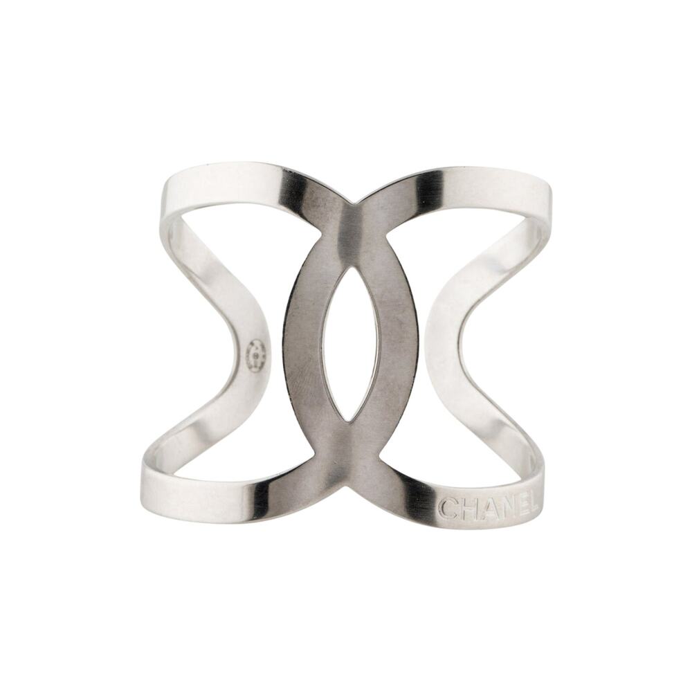 Chanel Silver-tone Interlocking CC Oversized Cuff Bracelet